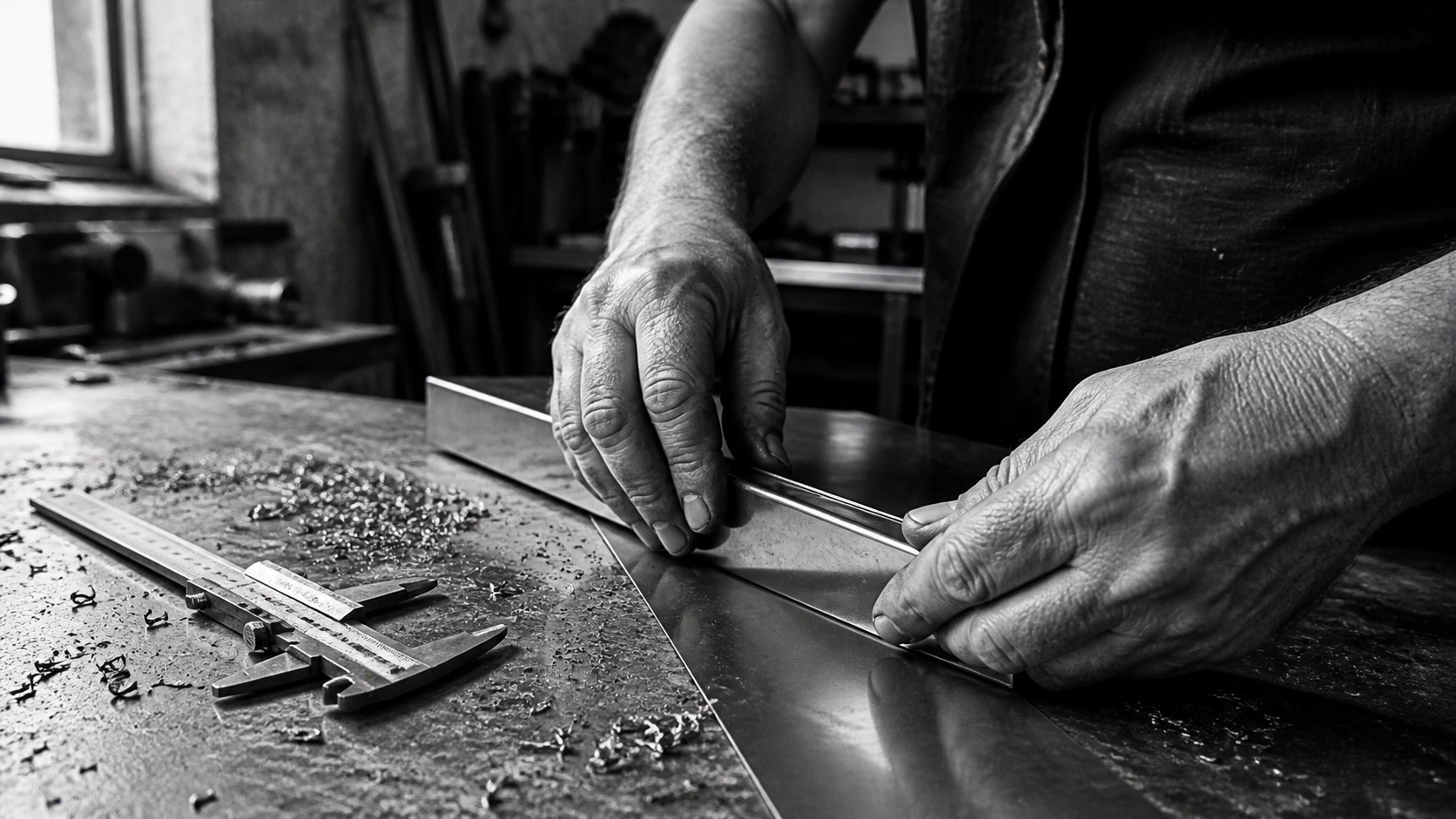 Mani al lavoro in officina italiana, gesto di precisione su materiale grezzo