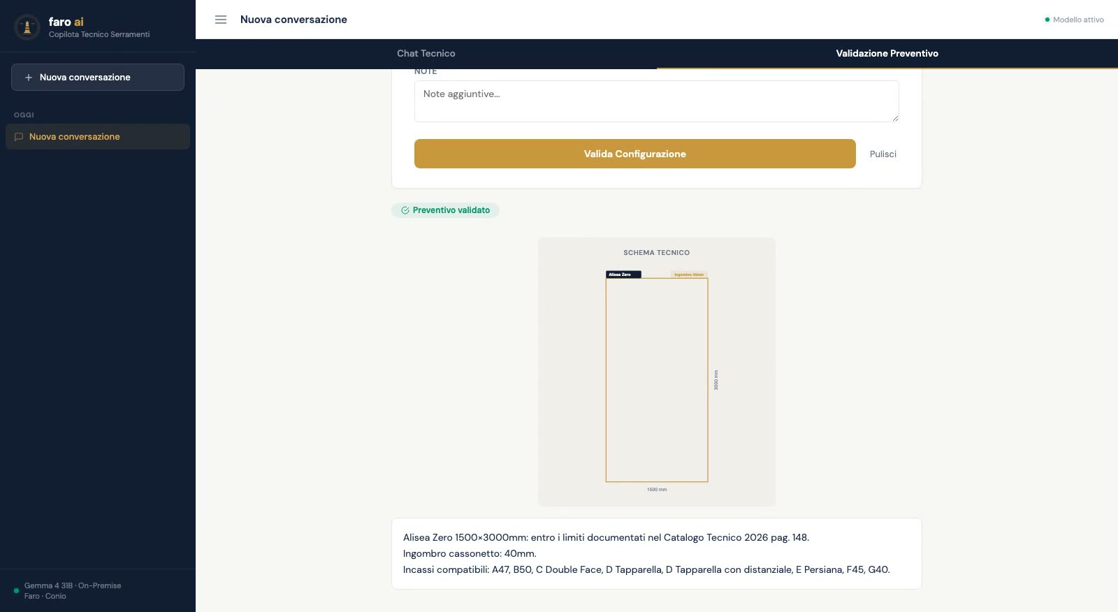 Schermata del copilota: controllo di un preventivo plissé sul catalogo di settore
