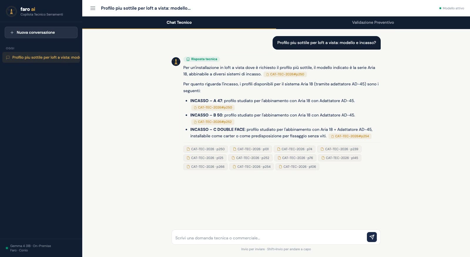 Schermata: risposta tecnica con fonte citata dal catalogo